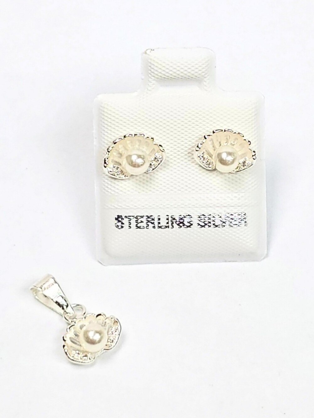 Stud Earrings + Pendant Charm Shell w/ Pearl White CZ Set 925 Sterling Silver